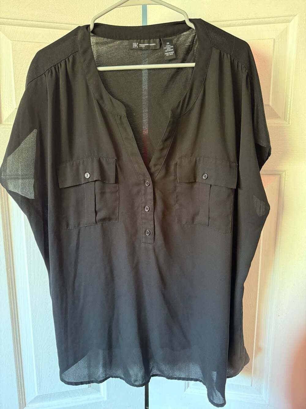 INC International Concepts Woman Black V-Neck Henley Blouse with Pockets Size 2X